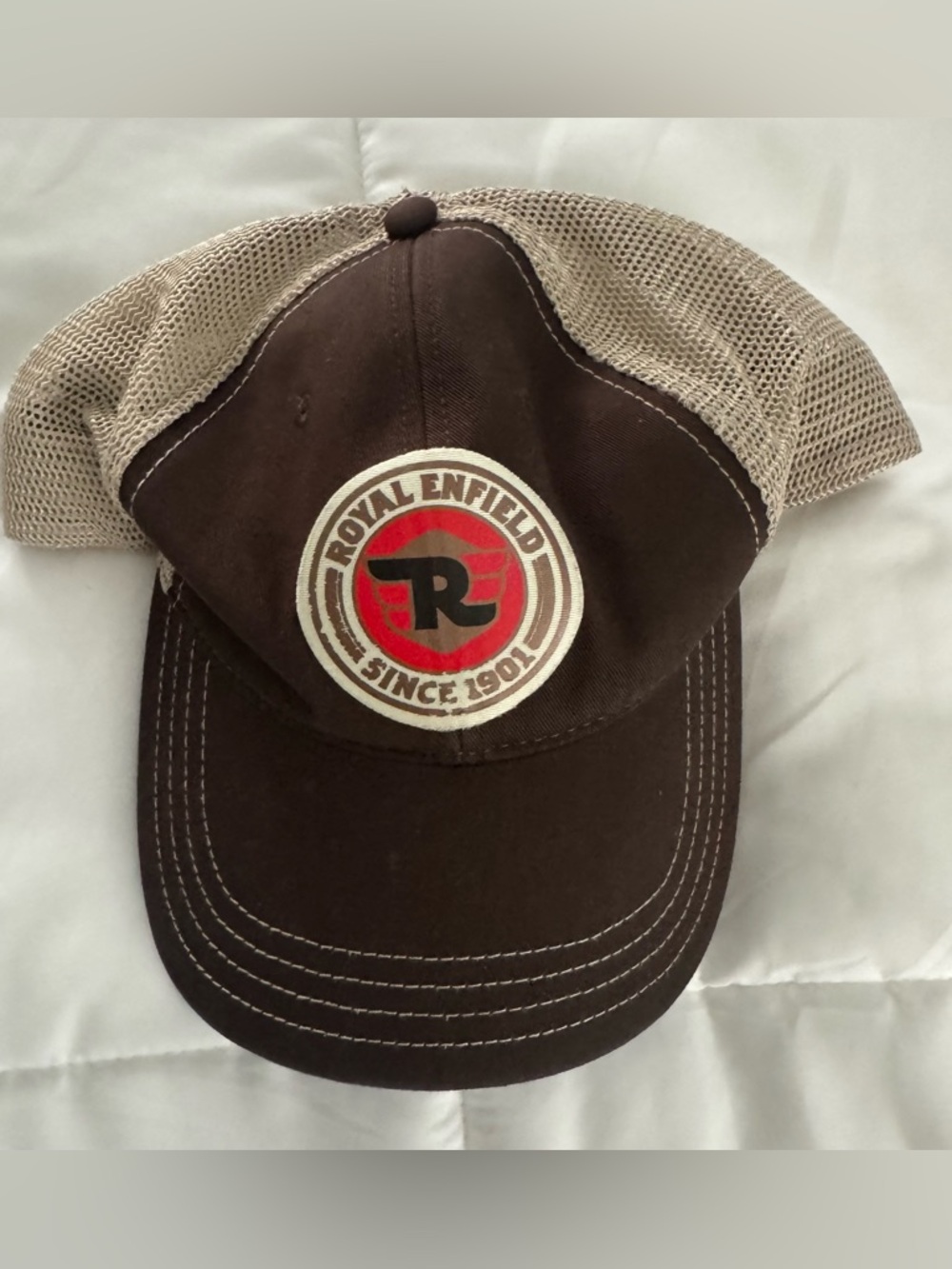Royal Enfield Brown Trucker Hat with Red Logo Patch
